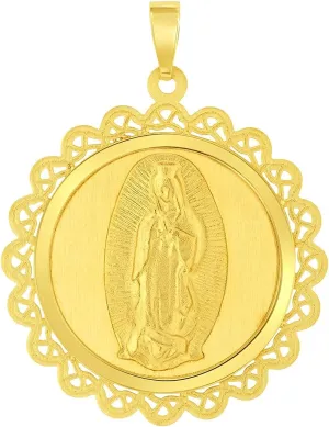 14k Yellow Gold Round Ornate Miraculous Medal of Our Lady of Guadalupe Pendant (1")