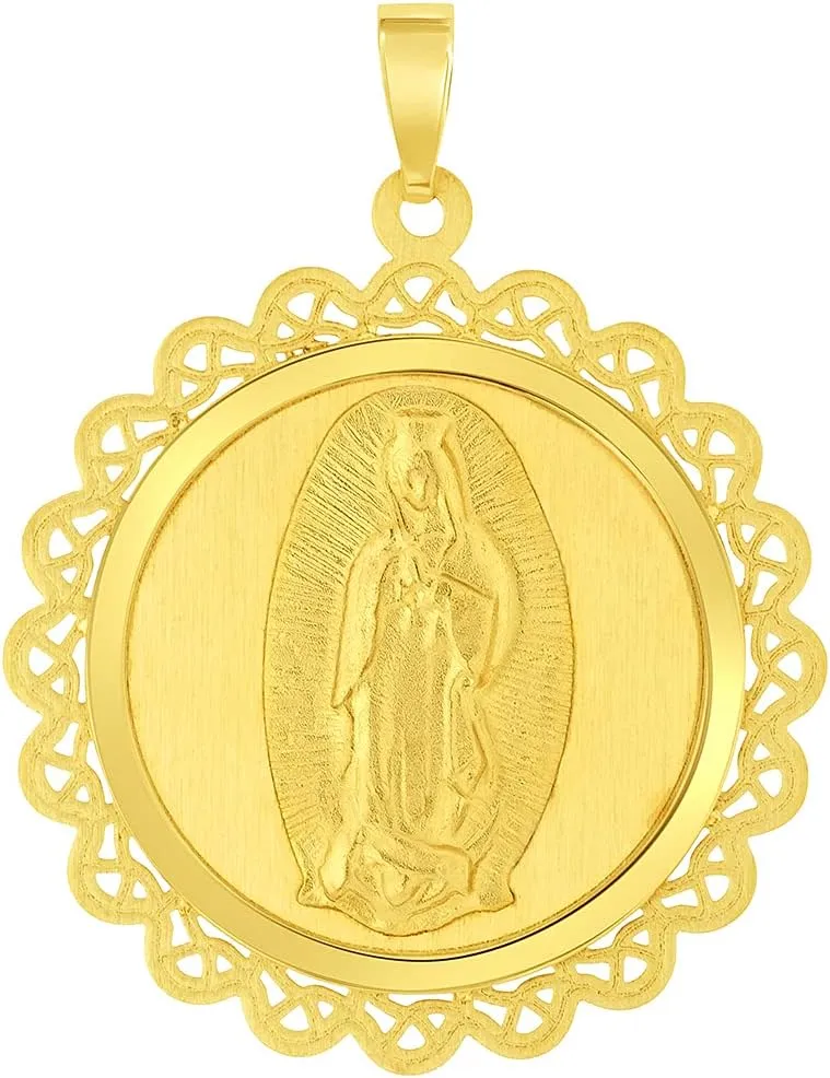 14k Yellow Gold Round Ornate Miraculous Medal of Our Lady of Guadalupe Pendant (1")