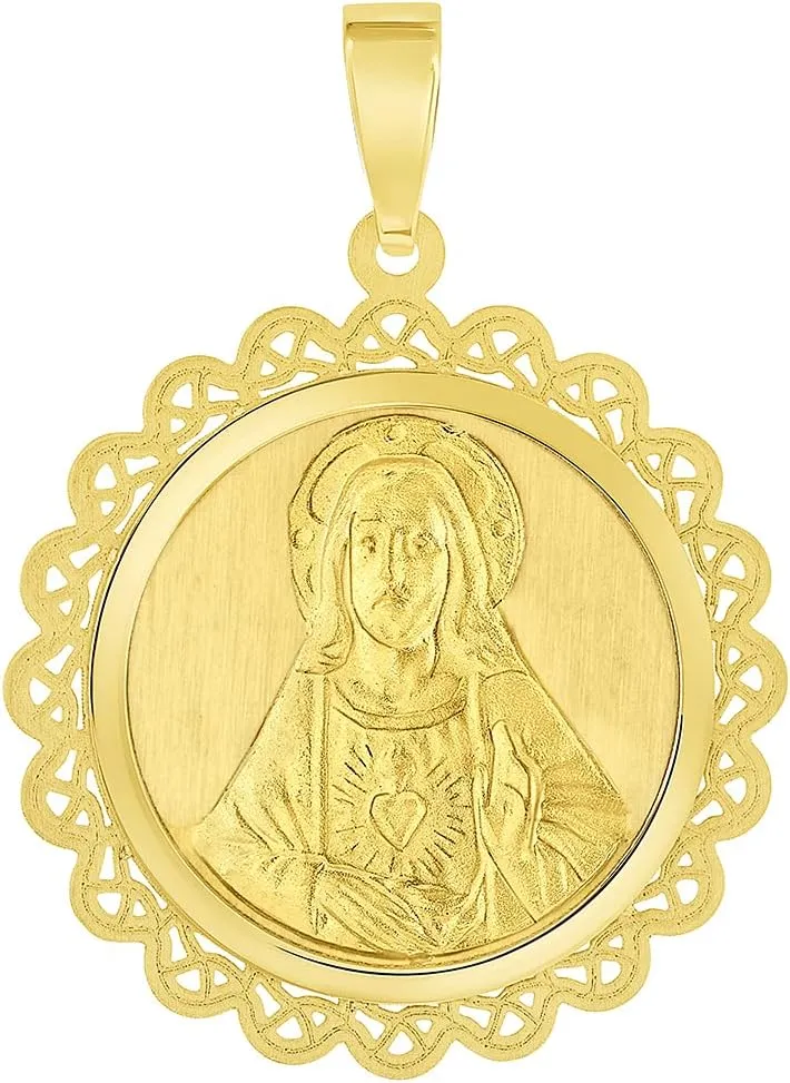 14k Yellow Gold Sacred Heart of Jesus Christ On Round Ornate Miraculous Medal Pendant (1")
