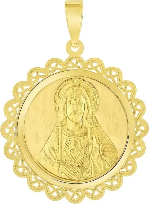 14k Yellow Gold Sacred Heart of Jesus Christ On Round Ornate Miraculous Medal Pendant (1")