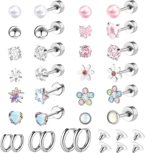 15 Pairs Hypoallergenic Screw Back Earrings Flat Back Stud Earring for Women Men Stainless Steel Earrings Cartilage Earring Hoop Heart CZ Flower Star Pearl Ball Opal Ball for Multiple Piercing