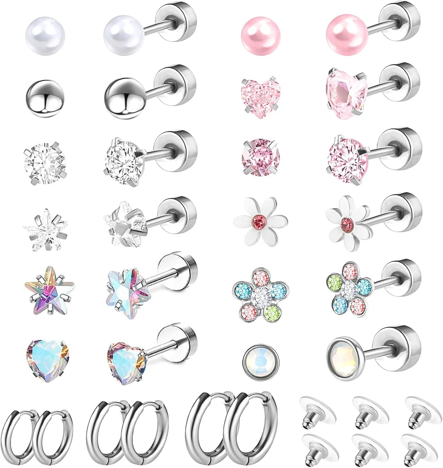 15 Pairs Hypoallergenic Screw Back Earrings Flat Back Stud Earring for Women Men Stainless Steel Earrings Cartilage Earring Hoop Heart CZ Flower Star Pearl Ball Opal Ball for Multiple Piercing