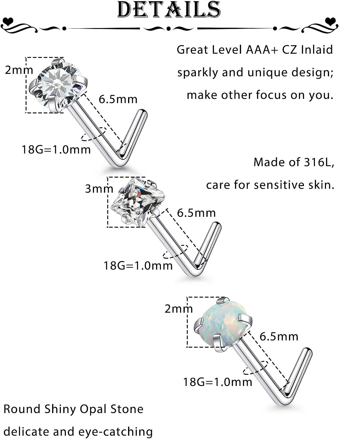 15 Pcs 18G 20G Surgical Steel Nose Rings Studs for Women Opal Nose Rings Diamond CZ Nose Studs L Shaped Nose Nostril Piercing Jewelry Hypoallergenic