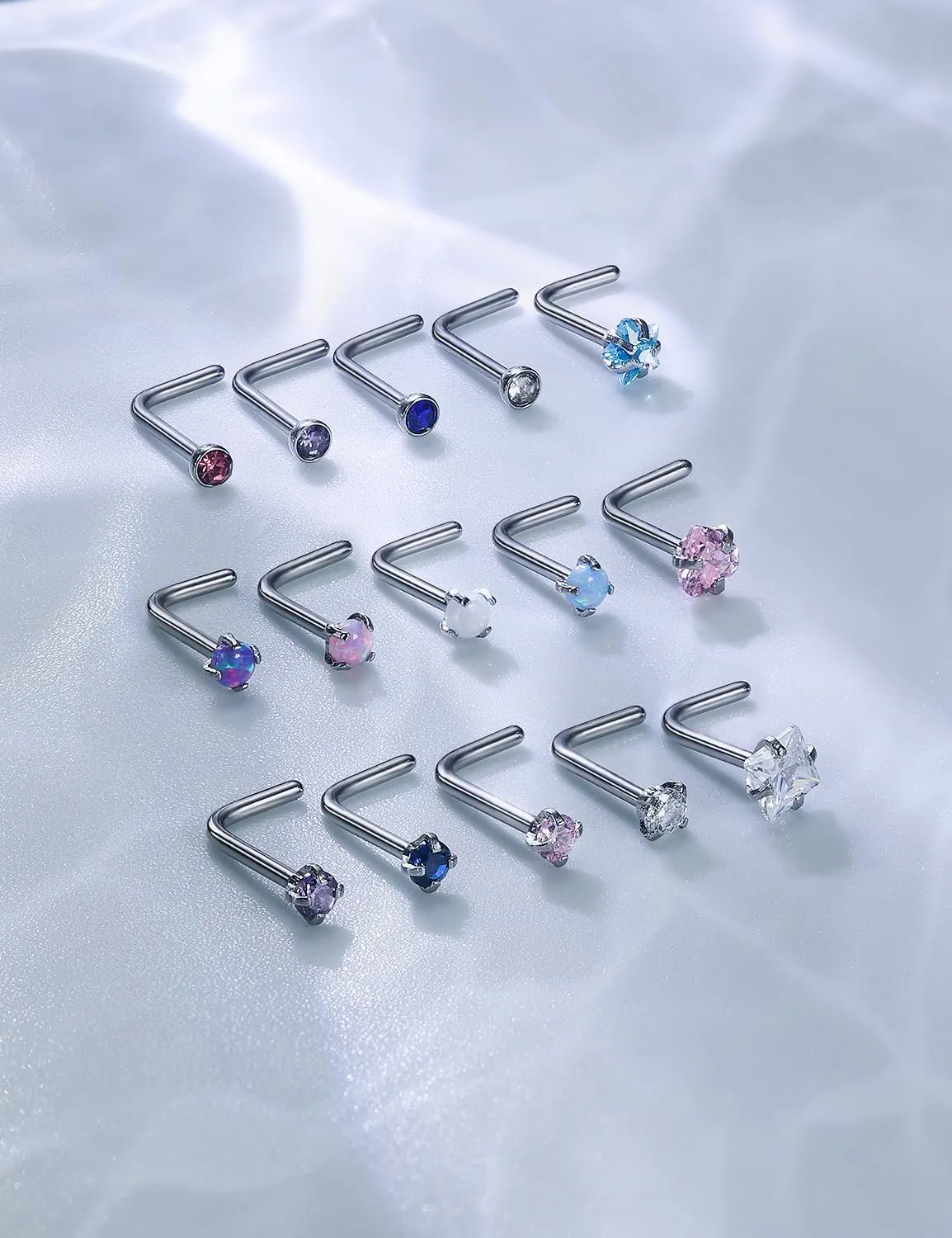 15 Pcs 18G 20G Surgical Steel Nose Rings Studs for Women Opal Nose Rings Diamond CZ Nose Studs L Shaped Nose Nostril Piercing Jewelry Hypoallergenic