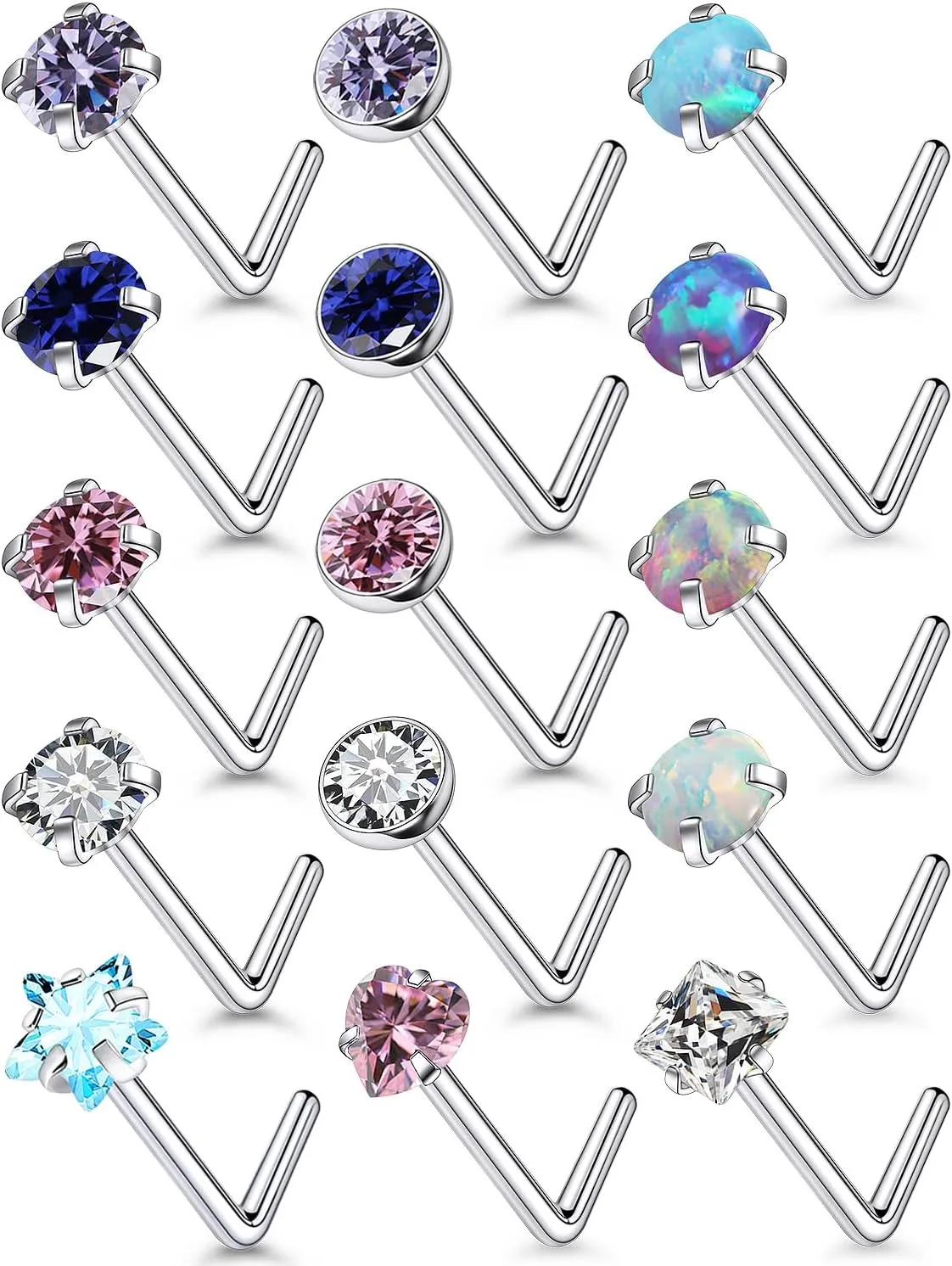 15 Pcs 18G 20G Surgical Steel Nose Rings Studs for Women Opal Nose Rings Diamond CZ Nose Studs L Shaped Nose Nostril Piercing Jewelry Hypoallergenic