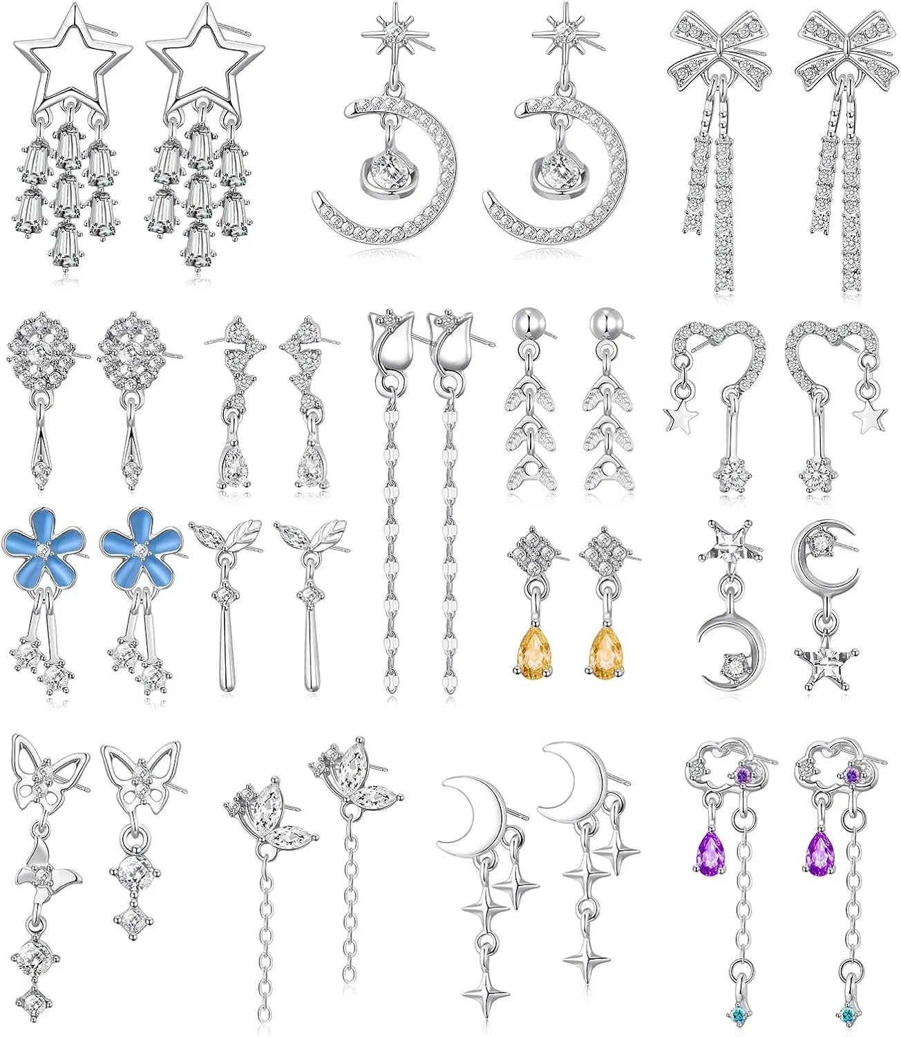 16 Pairs Silver Dangle Earrings For Women,Trendy Diamond Stud Earrings For Women, Hypoallergenic Earrings Dangling for Teen Girls