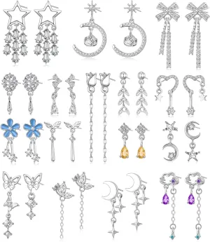 16 Pairs Silver Dangle Earrings For Women,Trendy Diamond Stud Earrings For Women, Hypoallergenic Earrings Dangling for Teen Girls