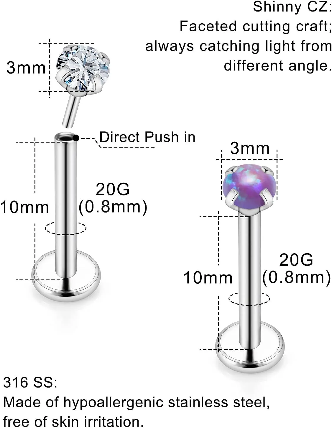16G 18G 20G Push in Threadless Nose Stud Surgical Steel Medusa Piercing Jewelry Opal & Diamond Lip Rings Labret Jewelry Tragus Helix Cartilage Earrings for Women Men
