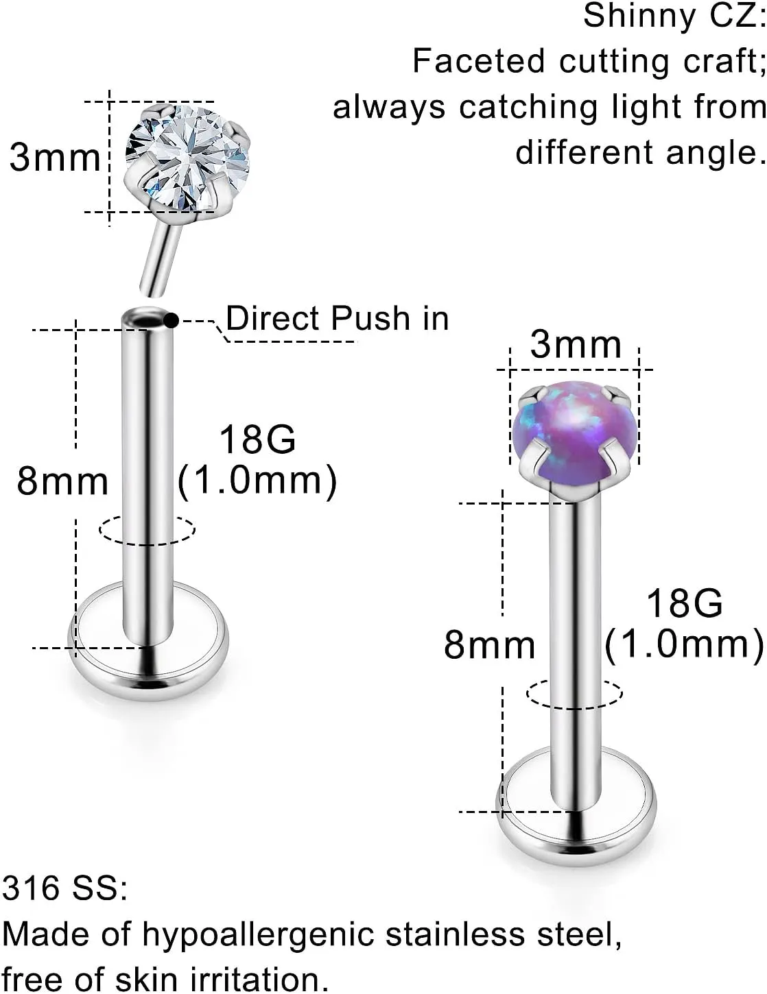 16G 18G 20G Push in Threadless Nose Stud Surgical Steel Medusa Piercing Jewelry Opal & Diamond Lip Rings Labret Jewelry Tragus Helix Cartilage Earrings for Women Men
