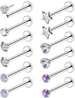 16G 18G 20G Push in Threadless Nose Stud Surgical Steel Medusa Piercing Jewelry Opal & Diamond Lip Rings Labret Jewelry Tragus Helix Cartilage Earrings for Women Men