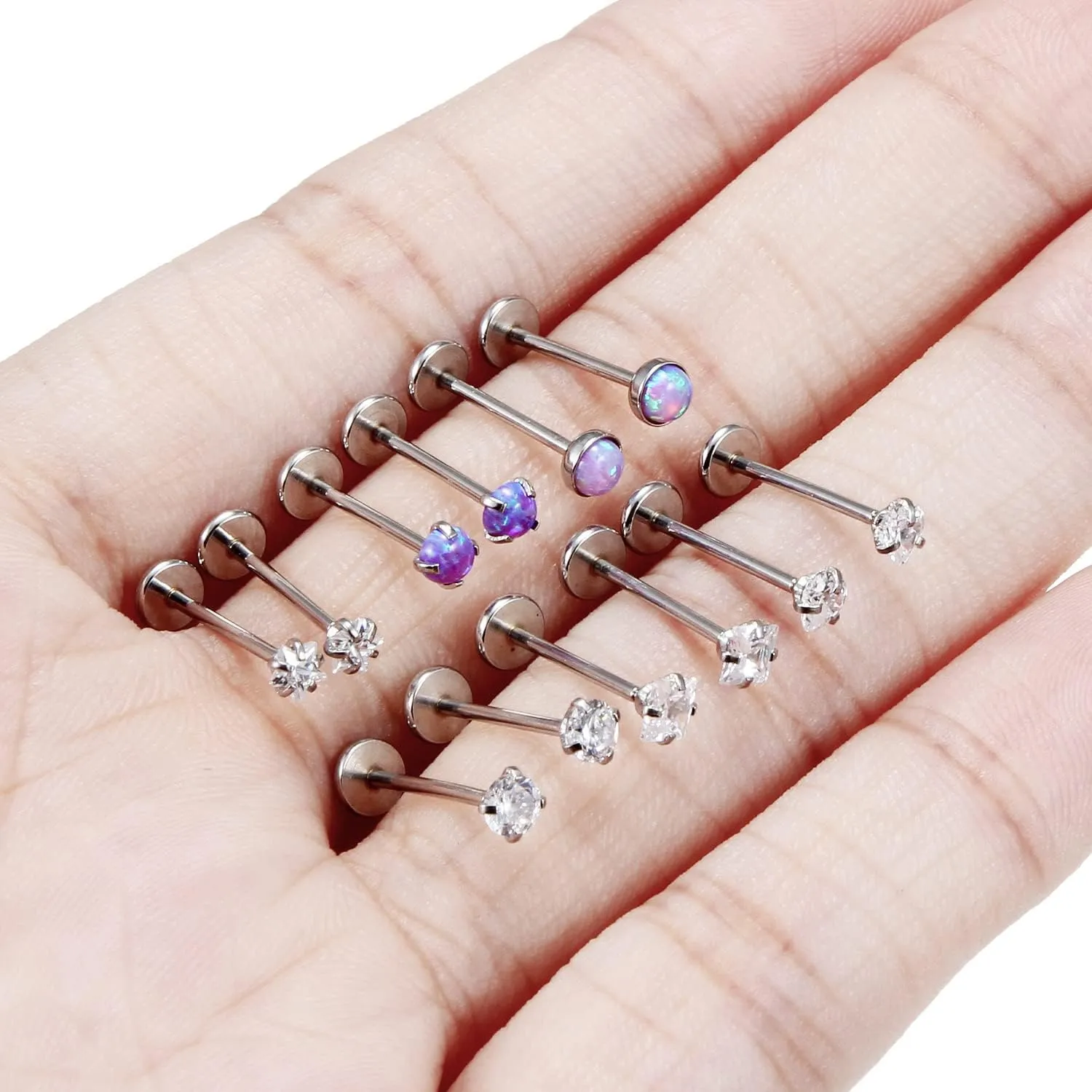 16G 18G 20G Push in Threadless Nose Stud Surgical Steel Medusa Piercing Jewelry Opal & Diamond Lip Rings Labret Jewelry Tragus Helix Cartilage Earrings for Women Men