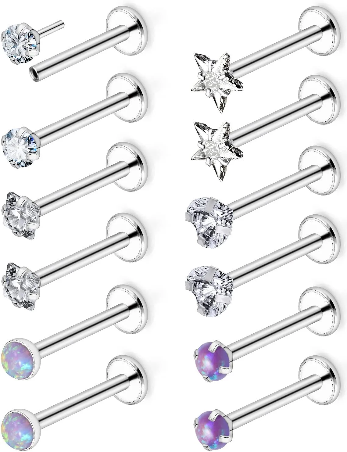 16G 18G 20G Push in Threadless Nose Stud Surgical Steel Medusa Piercing Jewelry Opal & Diamond Lip Rings Labret Jewelry Tragus Helix Cartilage Earrings for Women Men