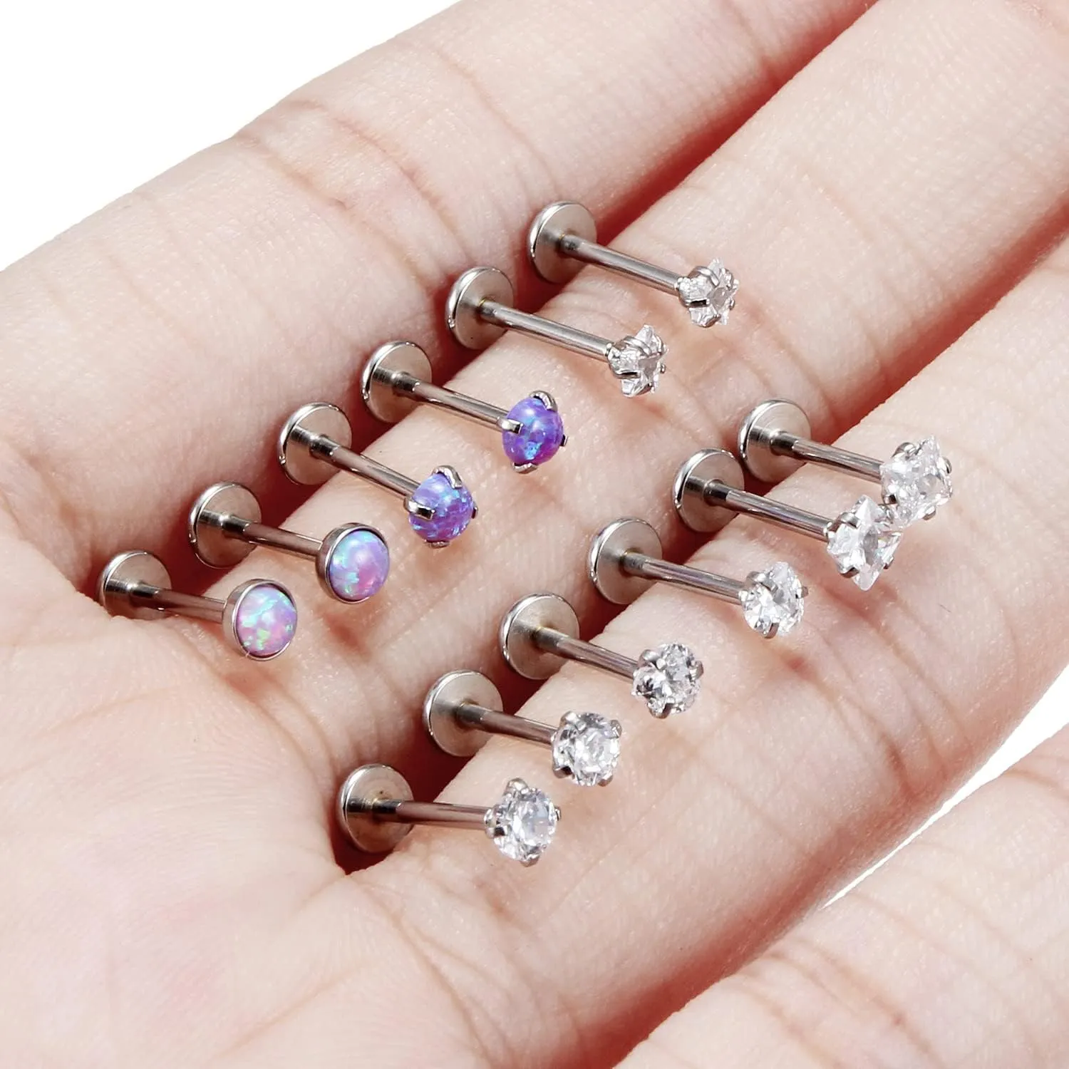 16G 18G 20G Push in Threadless Nose Stud Surgical Steel Medusa Piercing Jewelry Opal & Diamond Lip Rings Labret Jewelry Tragus Helix Cartilage Earrings for Women Men