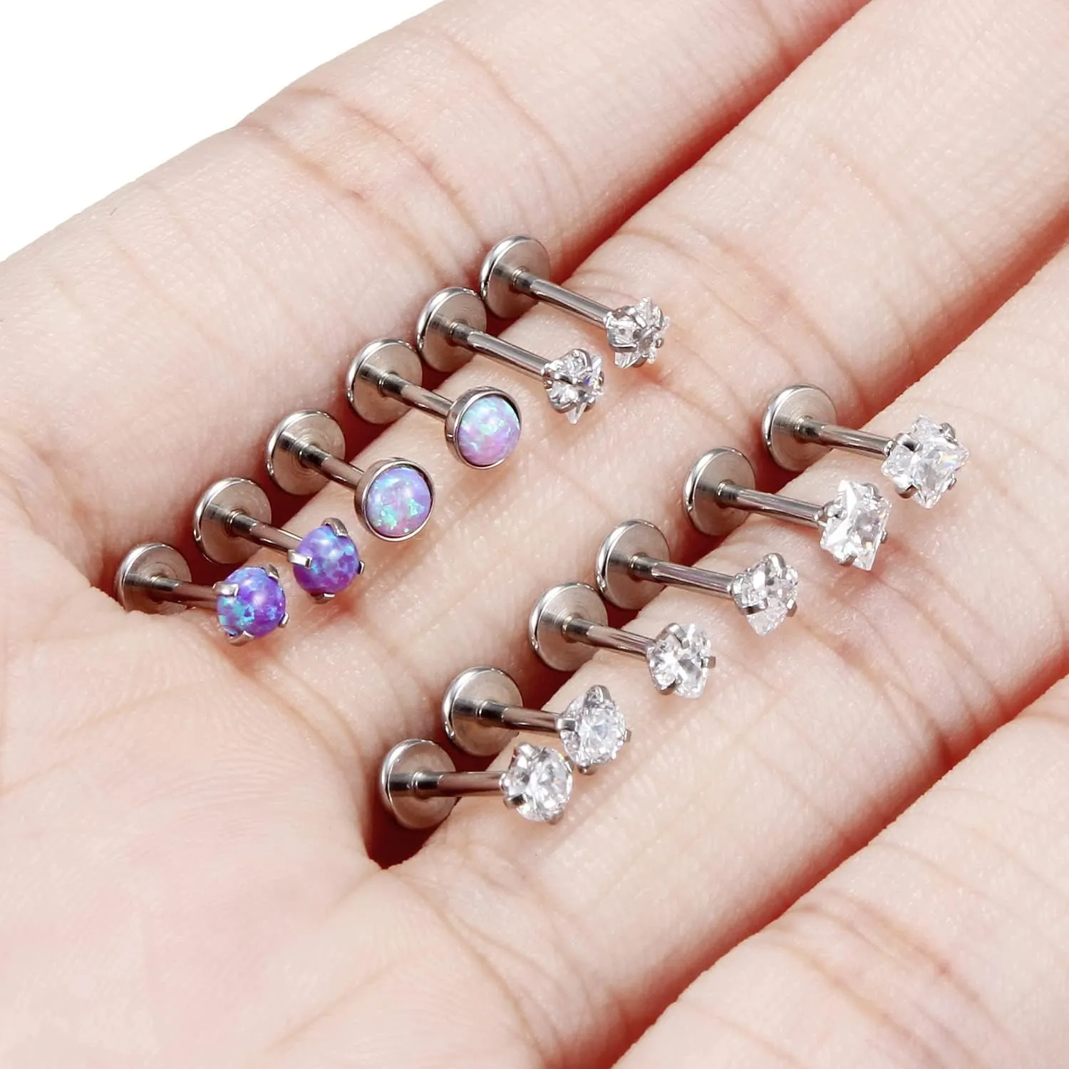 16G 18G 20G Push in Threadless Nose Stud Surgical Steel Medusa Piercing Jewelry Opal & Diamond Lip Rings Labret Jewelry Tragus Helix Cartilage Earrings for Women Men