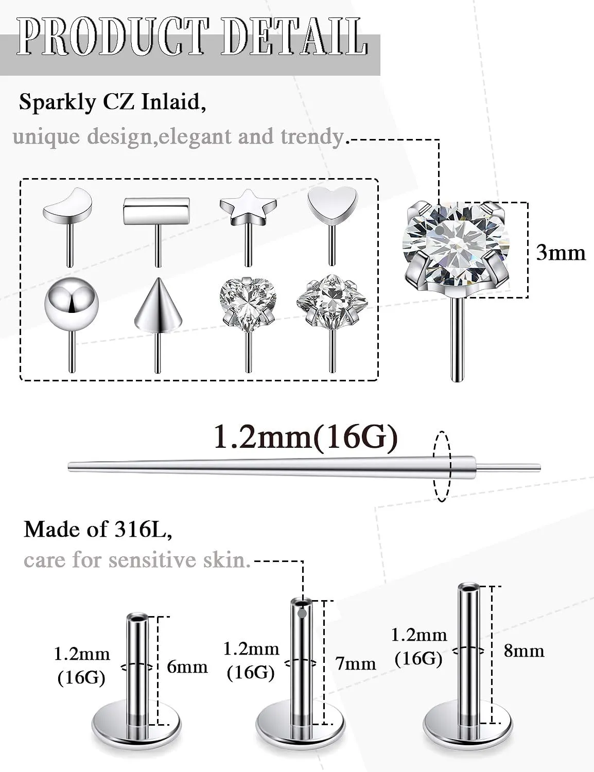 16G 18G 20G Threadless Flat Back Nose Ring Studs Earrings 316L Stainless Surgical Steel Tragus Helix Cartilage Earrings Medusa Labret Lip Rings Piercing Jewelry For Women Men Bar 6mm-8mm
