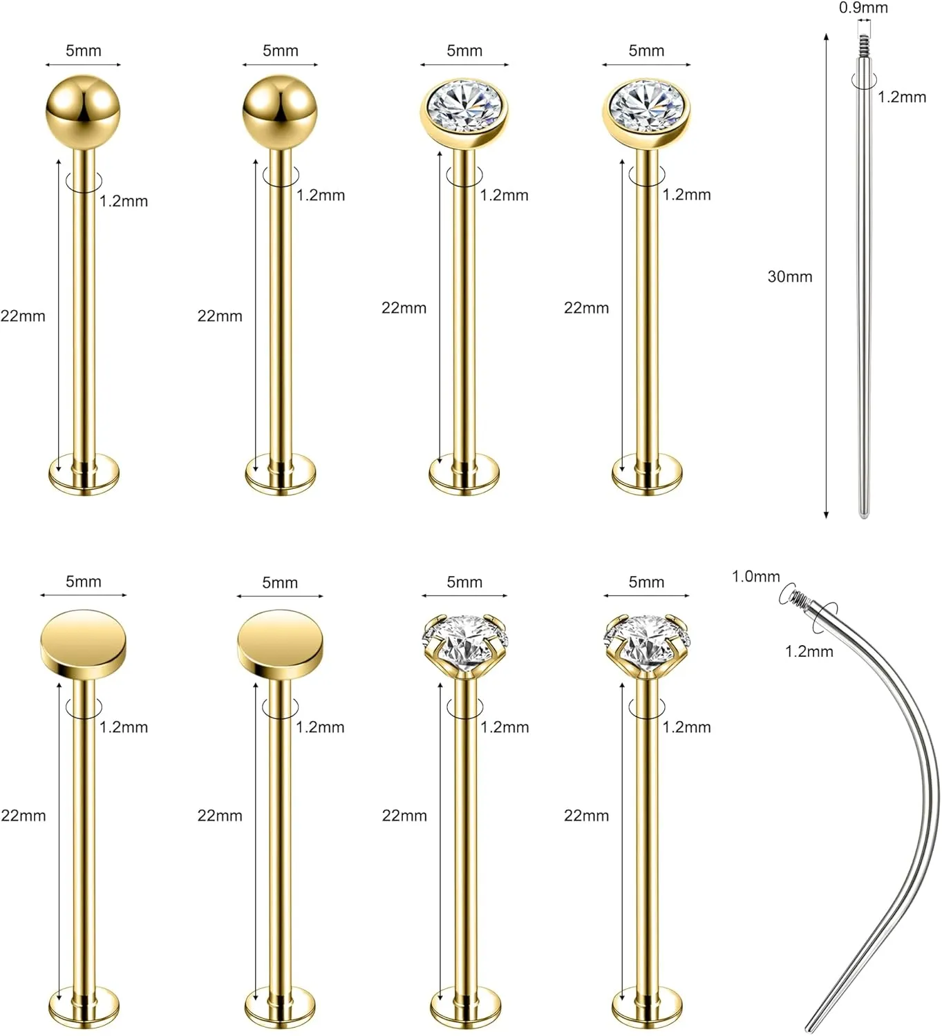 16G 316L Stainless Steel Labret Cheek Tongue Rings Barbell Body Piercing Jewelry Lengthening 4mm 5mm Bar Size 14mm-25mm Bar Length Available Dimple Cheek Piercing Jewelry Black Silver Gold