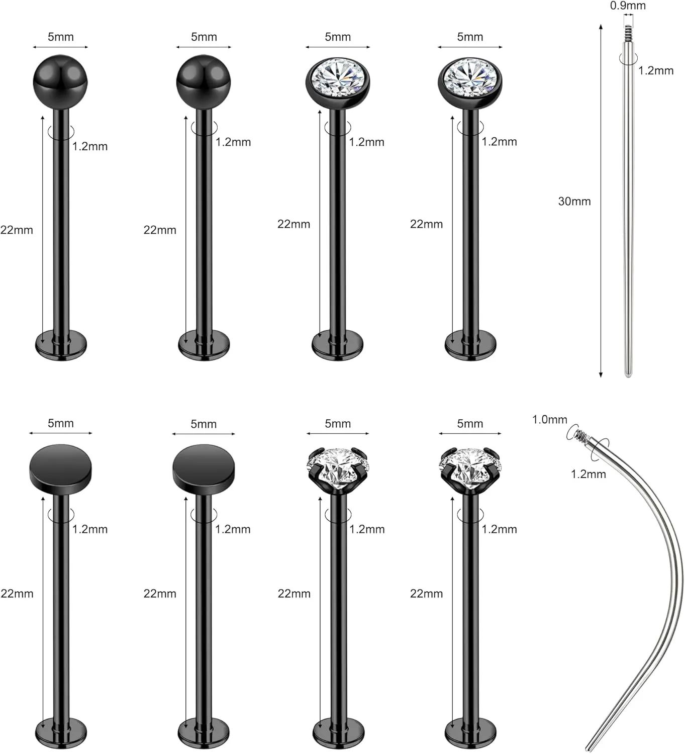 16G 316L Stainless Steel Labret Cheek Tongue Rings Barbell Body Piercing Jewelry Lengthening 4mm 5mm Bar Size 14mm-25mm Bar Length Available Dimple Cheek Piercing Jewelry Black Silver Gold