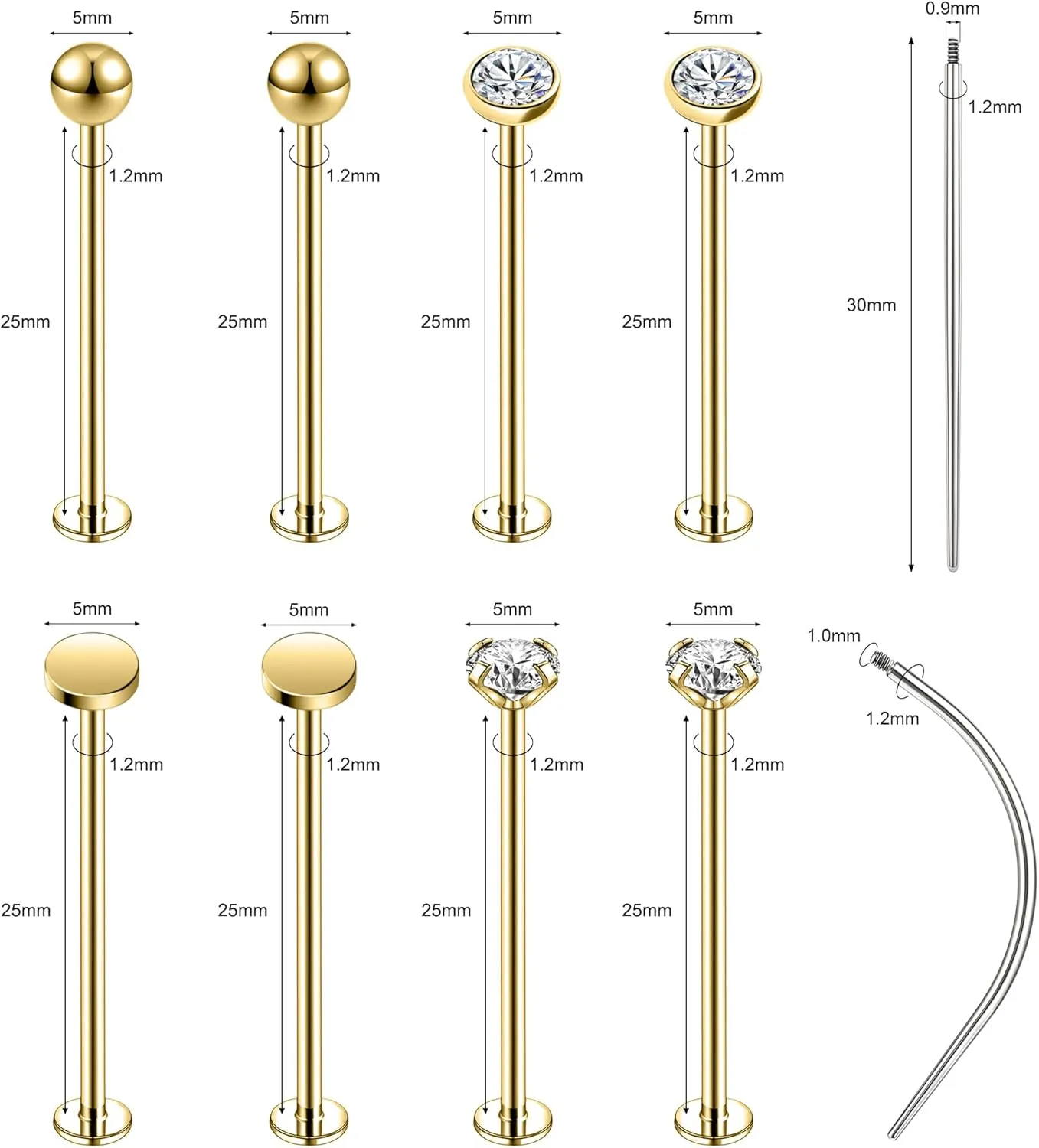 16G 316L Stainless Steel Labret Cheek Tongue Rings Barbell Body Piercing Jewelry Lengthening 4mm 5mm Bar Size 14mm-25mm Bar Length Available Dimple Cheek Piercing Jewelry Black Silver Gold