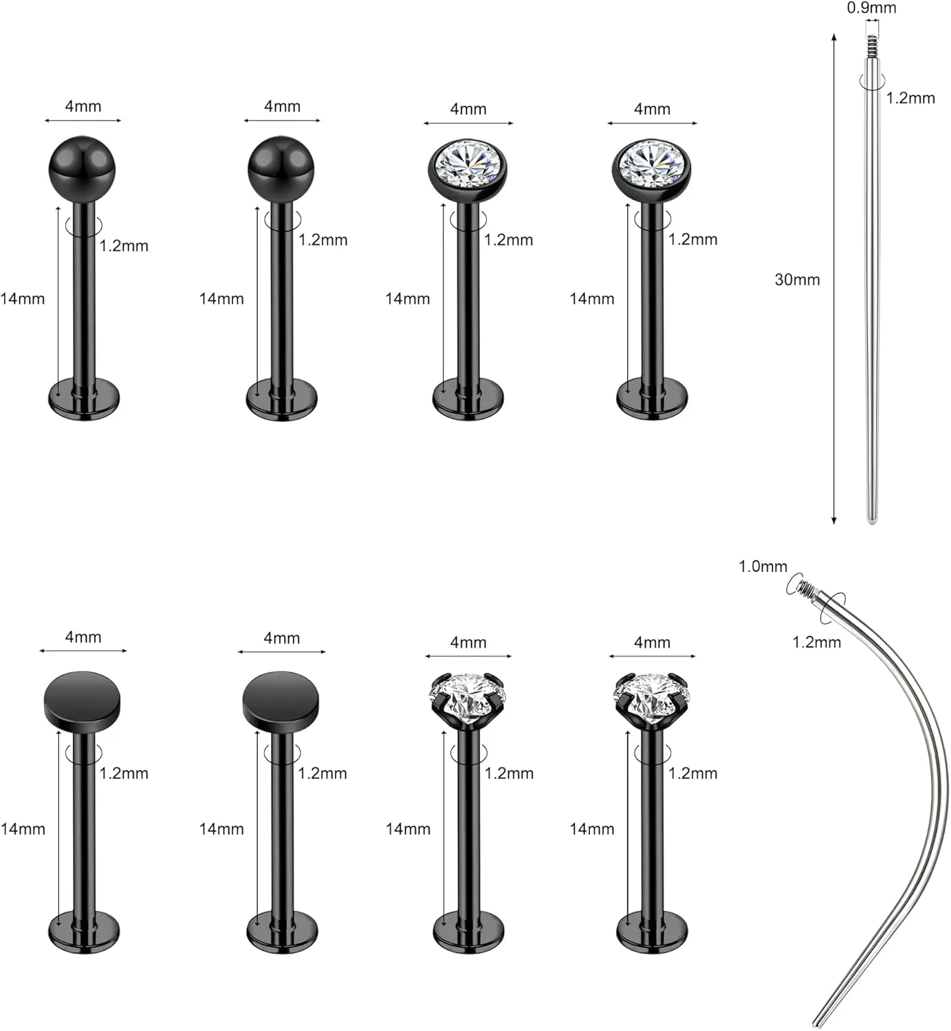 16G 316L Stainless Steel Labret Cheek Tongue Rings Barbell Body Piercing Jewelry Lengthening 4mm 5mm Bar Size 14mm-25mm Bar Length Available Dimple Cheek Piercing Jewelry Black Silver Gold