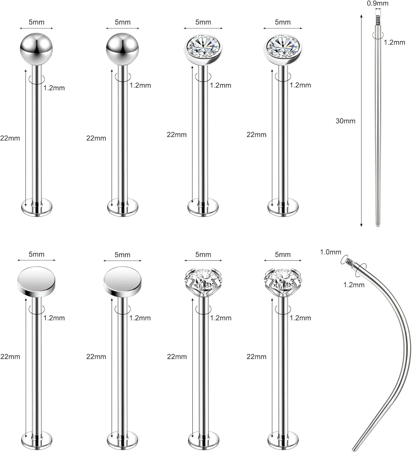 16G 316L Stainless Steel Labret Cheek Tongue Rings Barbell Body Piercing Jewelry Lengthening 4mm 5mm Bar Size 14mm-25mm Bar Length Available Dimple Cheek Piercing Jewelry Black Silver Gold