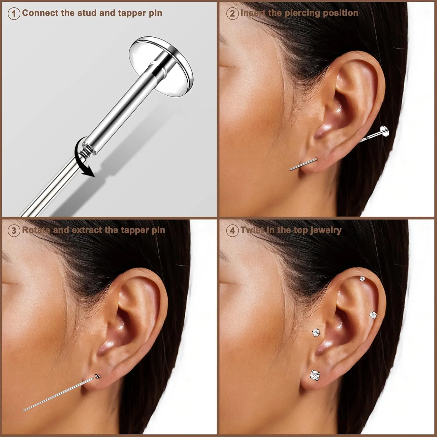 16G/18G Flat Back Earrings Studs Internal Thread Nose Stud CZ Nose Rings for Women Men Surgical Steel Lip Rings Labret Tragus Nostril Helix Cartilage Piercing Jewelry