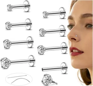 16G/18G Flat Back Earrings Studs Internal Thread Nose Stud CZ Nose Rings for Women Men Surgical Steel Lip Rings Labret Tragus Nostril Helix Cartilage Piercing Jewelry