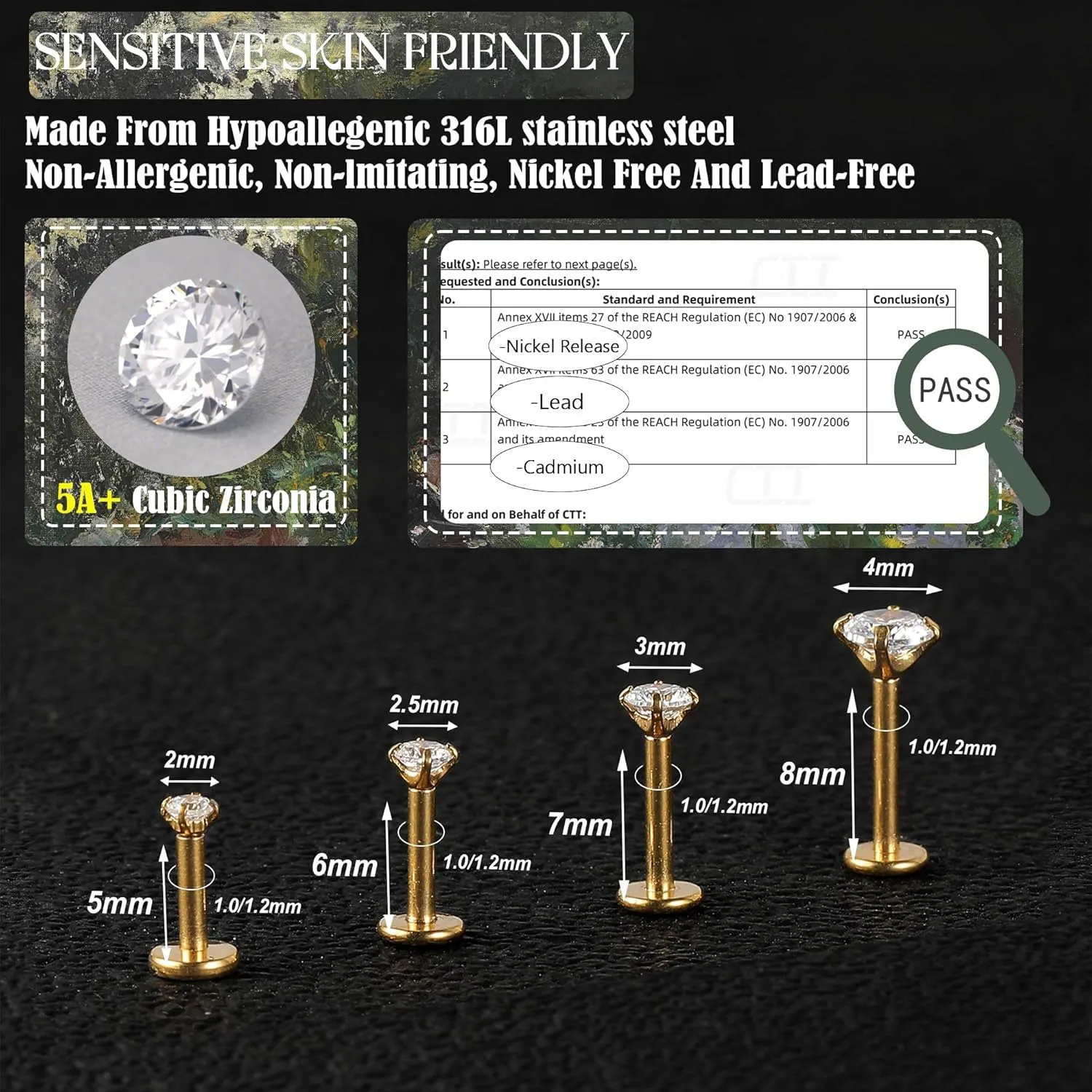 16G/18G Flat Back Earrings Studs Internal Thread Nose Stud CZ Nose Rings for Women Men Surgical Steel Lip Rings Labret Tragus Nostril Helix Cartilage Piercing Jewelry