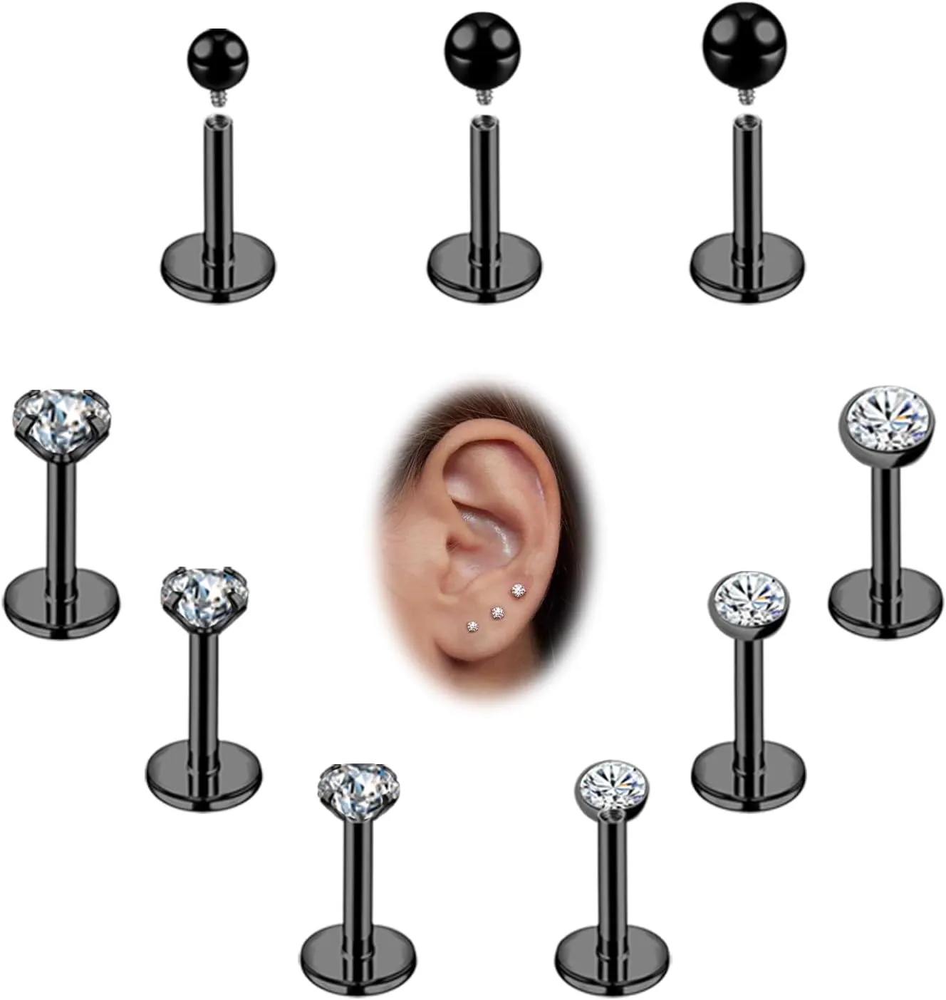 16g/18g Internal Thread CZ Stud Surgical Steel Piercing Jewelry for Tragus, Nose, Helix, Conch, Medusa, Lip, Labret - Cartilage Earring for Women Men 9pcs