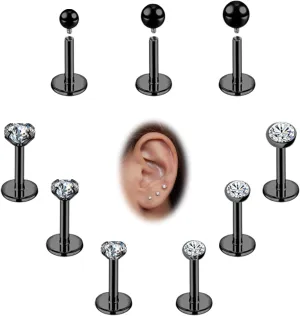 16g/18g Internal Thread CZ Stud Surgical Steel Piercing Jewelry for Tragus, Nose, Helix, Conch, Medusa, Lip, Labret - Cartilage Earring for Women Men 9pcs