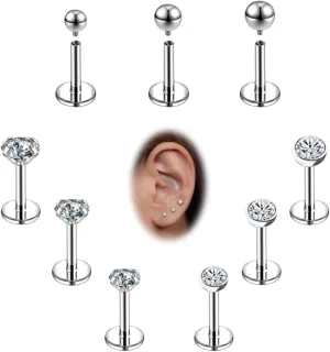 16g/18g Internal Thread CZ Stud Surgical Steel Piercing Jewelry for Tragus, Nose, Helix, Conch, Medusa, Lip, Labret - Cartilage Earring for Women Men 9pcs