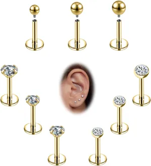 16g/18g Internal Thread CZ Stud Surgical Steel Piercing Jewelry for Tragus, Nose, Helix, Conch, Medusa, Lip, Labret - Cartilage Earring for Women Men 9pcs