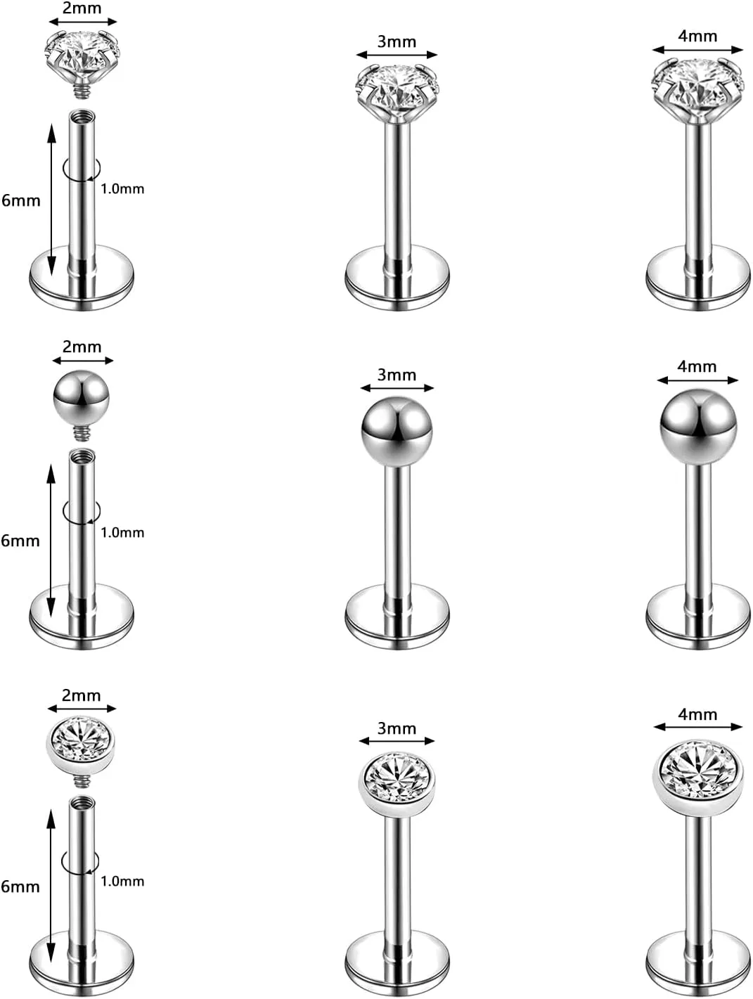 16g/18g Internal Thread CZ Stud Surgical Steel Piercing Jewelry for Tragus, Nose, Helix, Conch, Medusa, Lip, Labret - Cartilage Earring for Women Men 9pcs