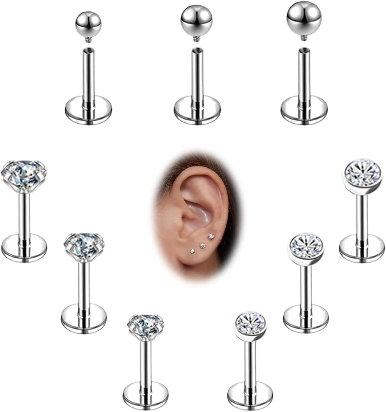 16g/18g Internal Thread CZ Stud Surgical Steel Piercing Jewelry for Tragus, Nose, Helix, Conch, Medusa, Lip, Labret - Cartilage Earring for Women Men 9pcs