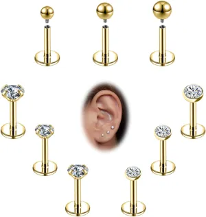 16g/18g Internal Thread CZ Stud Surgical Steel Piercing Jewelry for Tragus, Nose, Helix, Conch, Medusa, Lip, Labret - Cartilage Earring for Women Men 9pcs