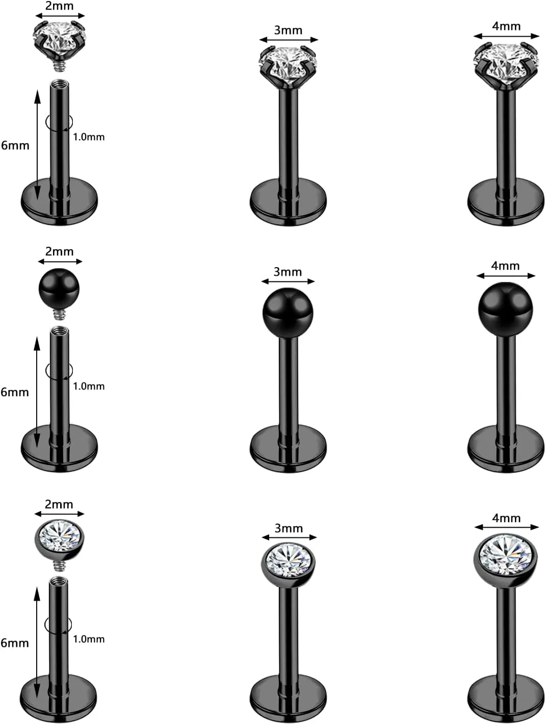 16g/18g Internal Thread CZ Stud Surgical Steel Piercing Jewelry for Tragus, Nose, Helix, Conch, Medusa, Lip, Labret - Cartilage Earring for Women Men 9pcs