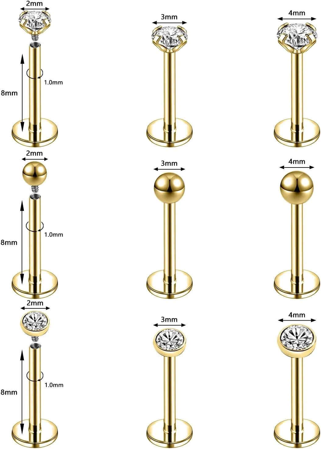 16g/18g Internal Thread CZ Stud Surgical Steel Piercing Jewelry for Tragus, Nose, Helix, Conch, Medusa, Lip, Labret - Cartilage Earring for Women Men 9pcs