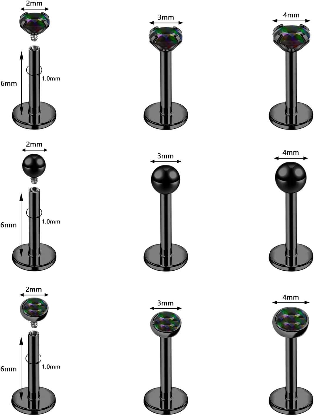 16g/18g Internal Thread CZ Stud Surgical Steel Piercing Jewelry for Tragus, Nose, Helix, Conch, Medusa, Lip, Labret - Cartilage Earring for Women Men 9pcs