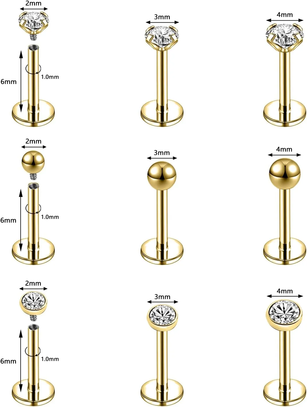 16g/18g Internal Thread CZ Stud Surgical Steel Piercing Jewelry for Tragus, Nose, Helix, Conch, Medusa, Lip, Labret - Cartilage Earring for Women Men 9pcs