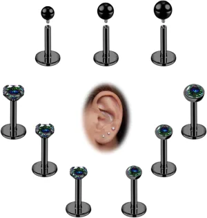 16g/18g Internal Thread CZ Stud Surgical Steel Piercing Jewelry for Tragus, Nose, Helix, Conch, Medusa, Lip, Labret - Cartilage Earring for Women Men 9pcs