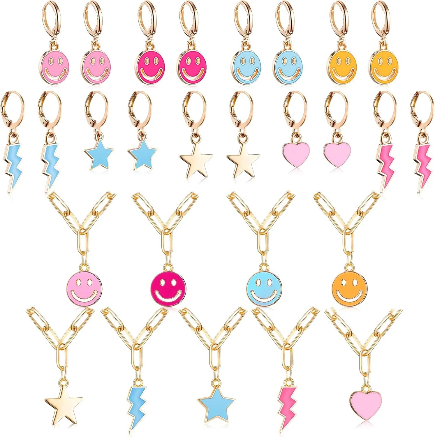 18 Pcs Preppy Earrings with Pendant Necklace 9 Pairs Heart Star Earrings for Teens with 9 Face Lightning Preppy Necklaces for Y2k Jewelry Gifts for Women Supplies