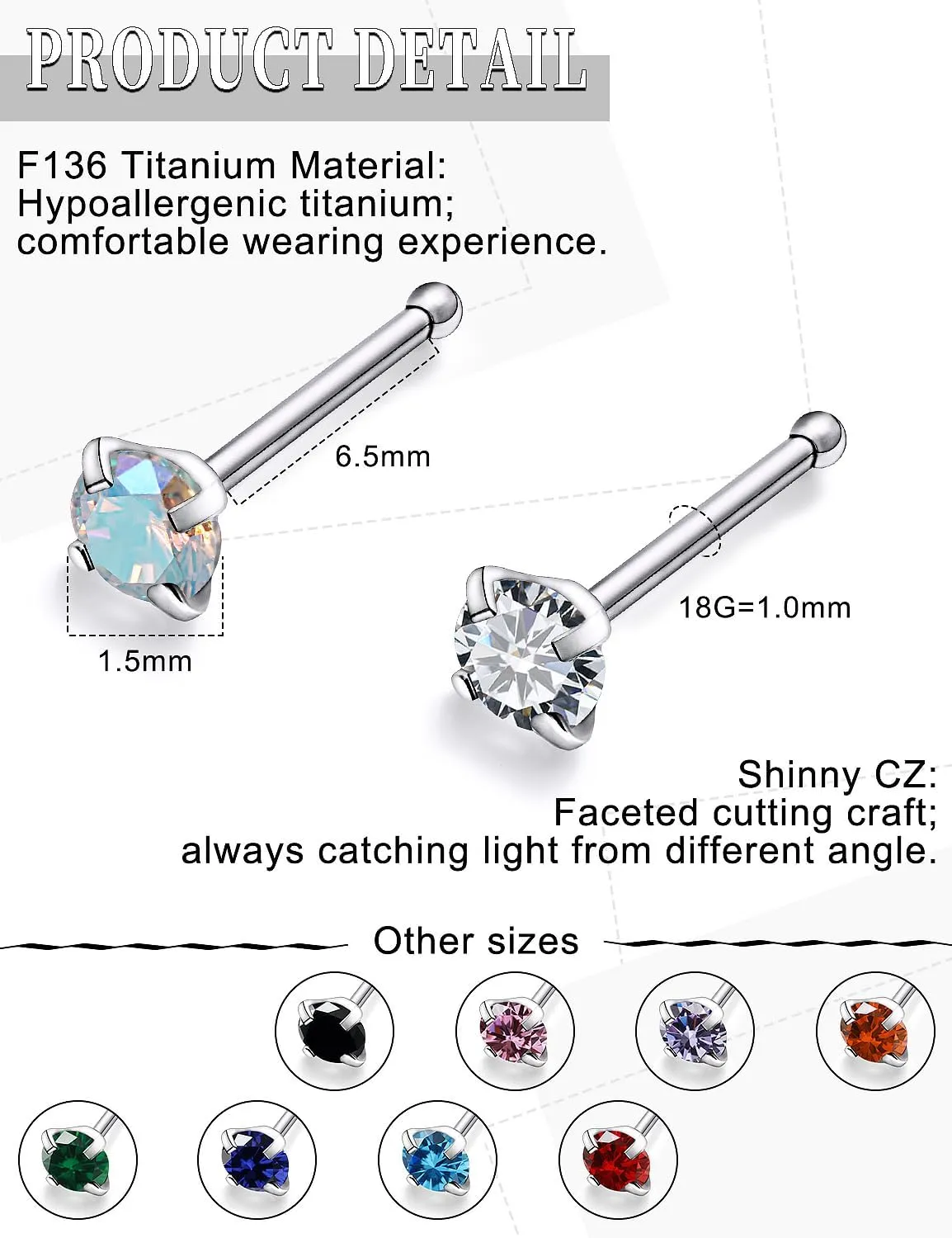 18G 20G 22G Astm F136 Titanium Nose Rings Studs Piercing Jewelry for Women Men Cubic Zirconia Nose Rings Nostril Piercing Jewelry Clear CZ 1.5mm 2mm 2.5mm 3mm 10PCS