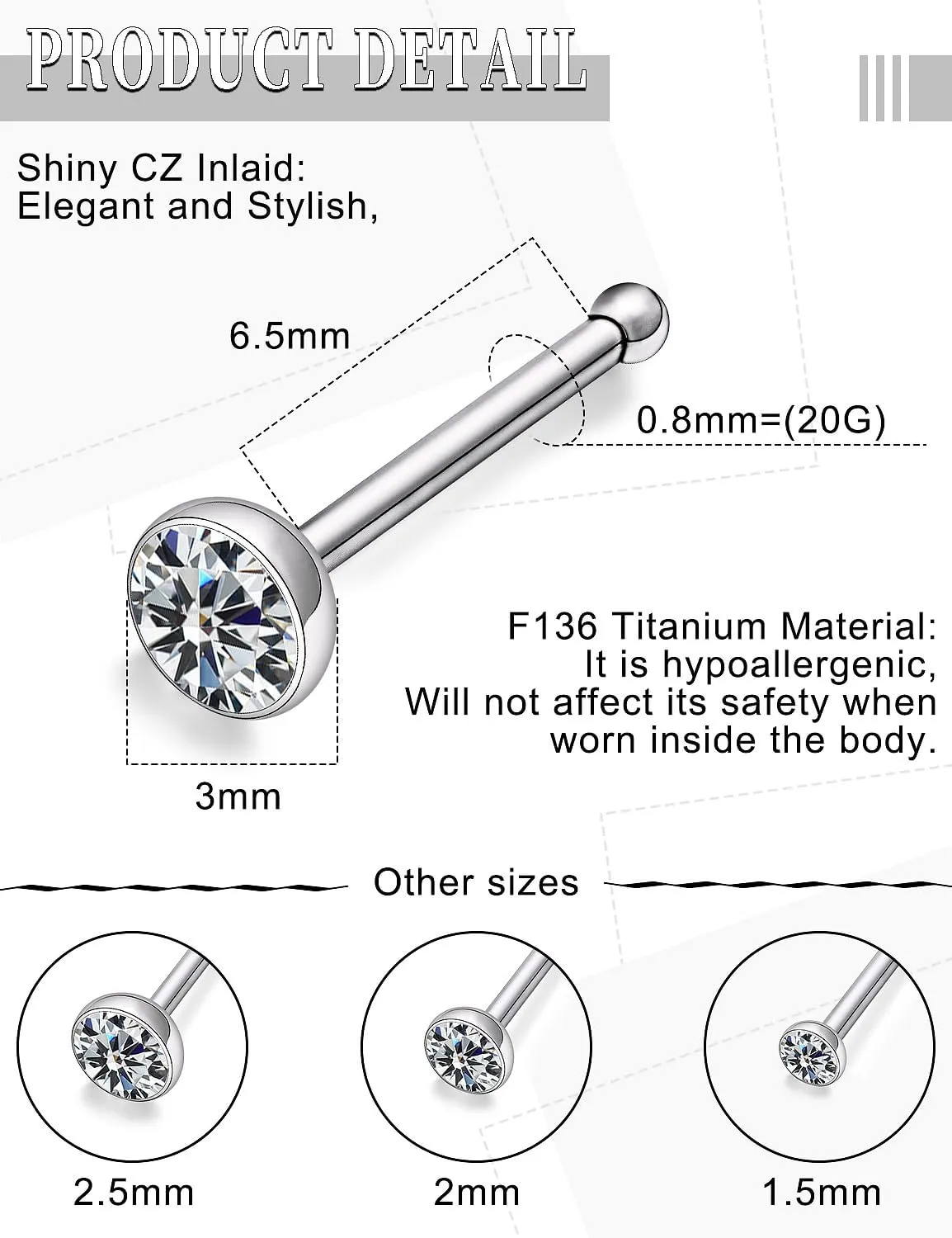 18G 20G 22G Astm F136 Titanium Nose Rings Studs Piercing Jewelry for Women Men Nose Nostril Piercing Jewelry Diamond Clear CZ 1.5mm 2mm 2.5mm 3mm 4 Pair