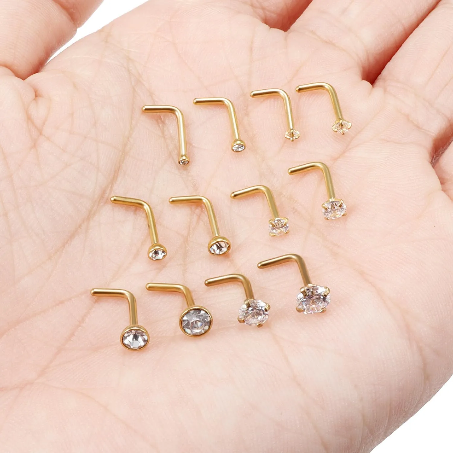 18G 20G 22G L Shaped Nose Rings Studs Surgical Steel Silver Gold Nose Nostril Piercing Jewelry for Women Men Girls CZ 1.5MM 2MM 2.5MM 3MM 3.5MM 4MM 12Pcs