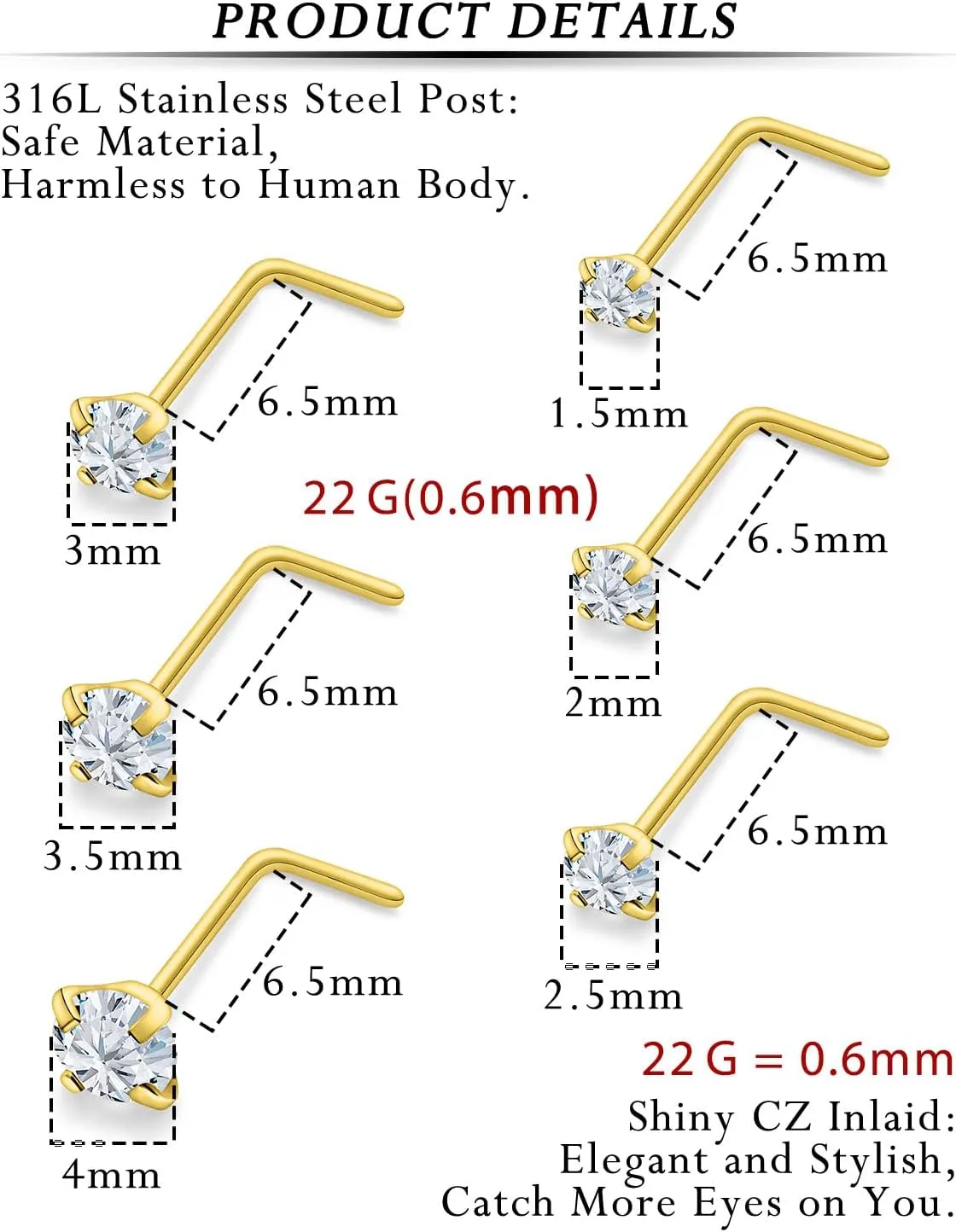 18G 20G 22G L Shaped Nose Rings Studs Surgical Steel Silver Gold Nose Nostril Piercing Jewelry for Women Men Girls CZ 1.5MM 2MM 2.5MM 3MM 3.5MM 4MM 12Pcs