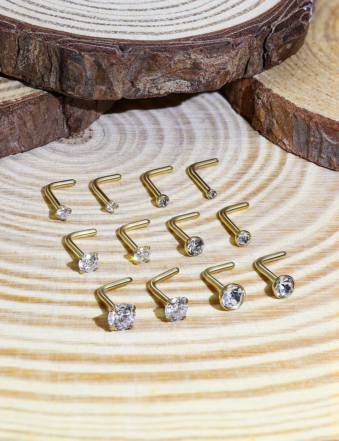 18G 20G 22G L Shaped Nose Rings Studs Surgical Steel Silver Gold Nose Nostril Piercing Jewelry for Women Men Girls CZ 1.5MM 2MM 2.5MM 3MM 3.5MM 4MM 12Pcs