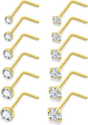 18G 20G 22G L Shaped Nose Rings Studs Surgical Steel Silver Gold Nose Nostril Piercing Jewelry for Women Men Girls CZ 1.5MM 2MM 2.5MM 3MM 3.5MM 4MM 12Pcs