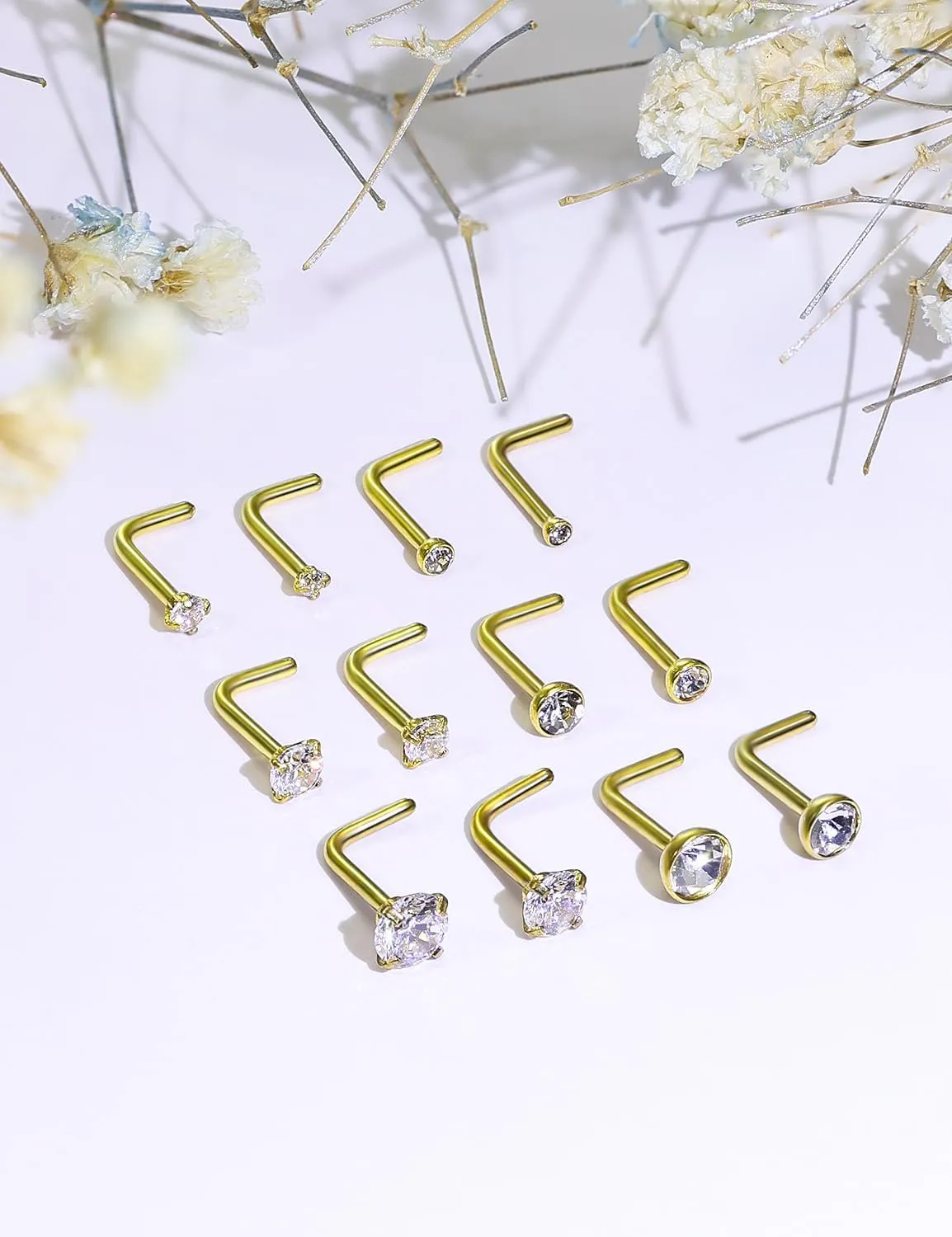 18G 20G 22G L Shaped Nose Rings Studs Surgical Steel Silver Gold Nose Nostril Piercing Jewelry for Women Men Girls CZ 1.5MM 2MM 2.5MM 3MM 3.5MM 4MM 12Pcs