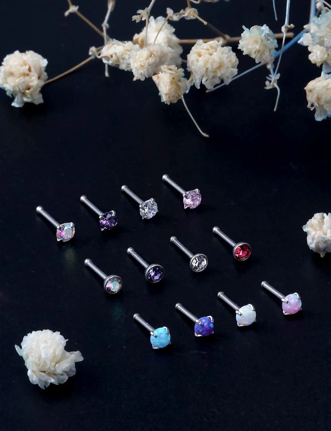 18G 20G 22G Opal Nose Rings Studs Surgical Steel Nose Nostril Piercing Jewelry for Women Men Opal CZ Size 1.5mm 2mm