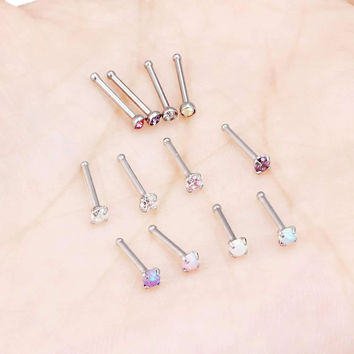 18G 20G 22G Opal Nose Rings Studs Surgical Steel Nose Nostril Piercing Jewelry for Women Men Opal CZ Size 1.5mm 2mm