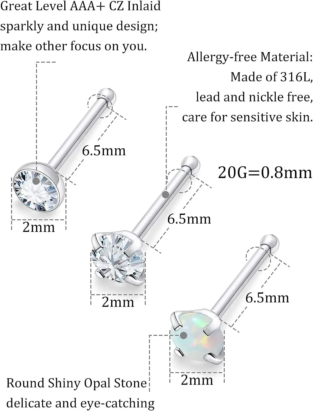 18G 20G 22G Opal Nose Rings Studs Surgical Steel Nose Nostril Piercing Jewelry for Women Men Opal CZ Size 1.5mm 2mm